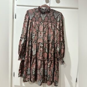 Sal’s Fifth Avenue Olive and Rose Floral Tiered Long Sleeve Dress Mini L